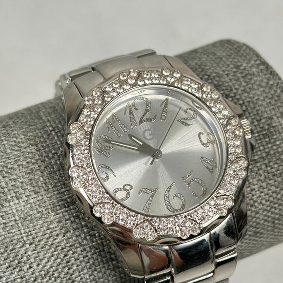 Guess Watch Womens 37mm Pave Crystal Heart Bezel Silver Tone 6.25" New Battery